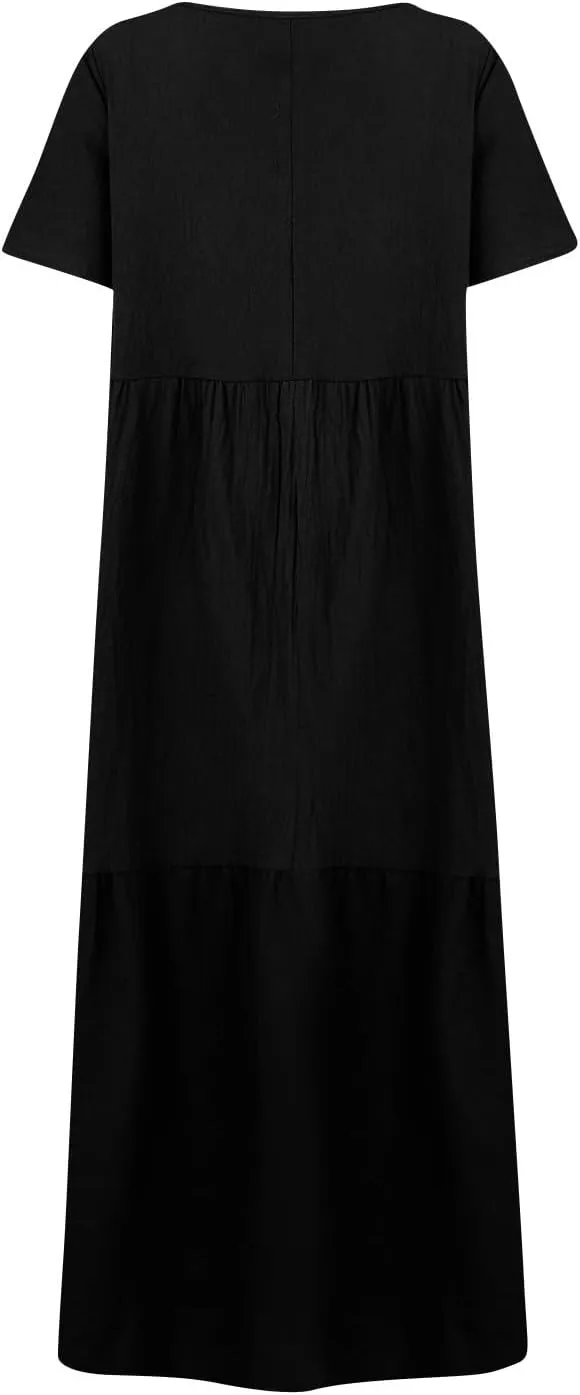 Womens Summer Cotton Linen Dresses Casual Short Sleeve Plus Size Midi Dress Elegant V Neck Ruched Flowy Boho Dress