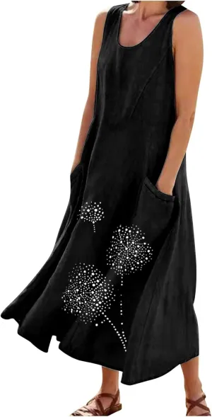 Womens Summer Cotton Linen Long Dress Loose Fit Sleeveless Flowy Dresses 2025 Plus Size Casual Dress with Pockets