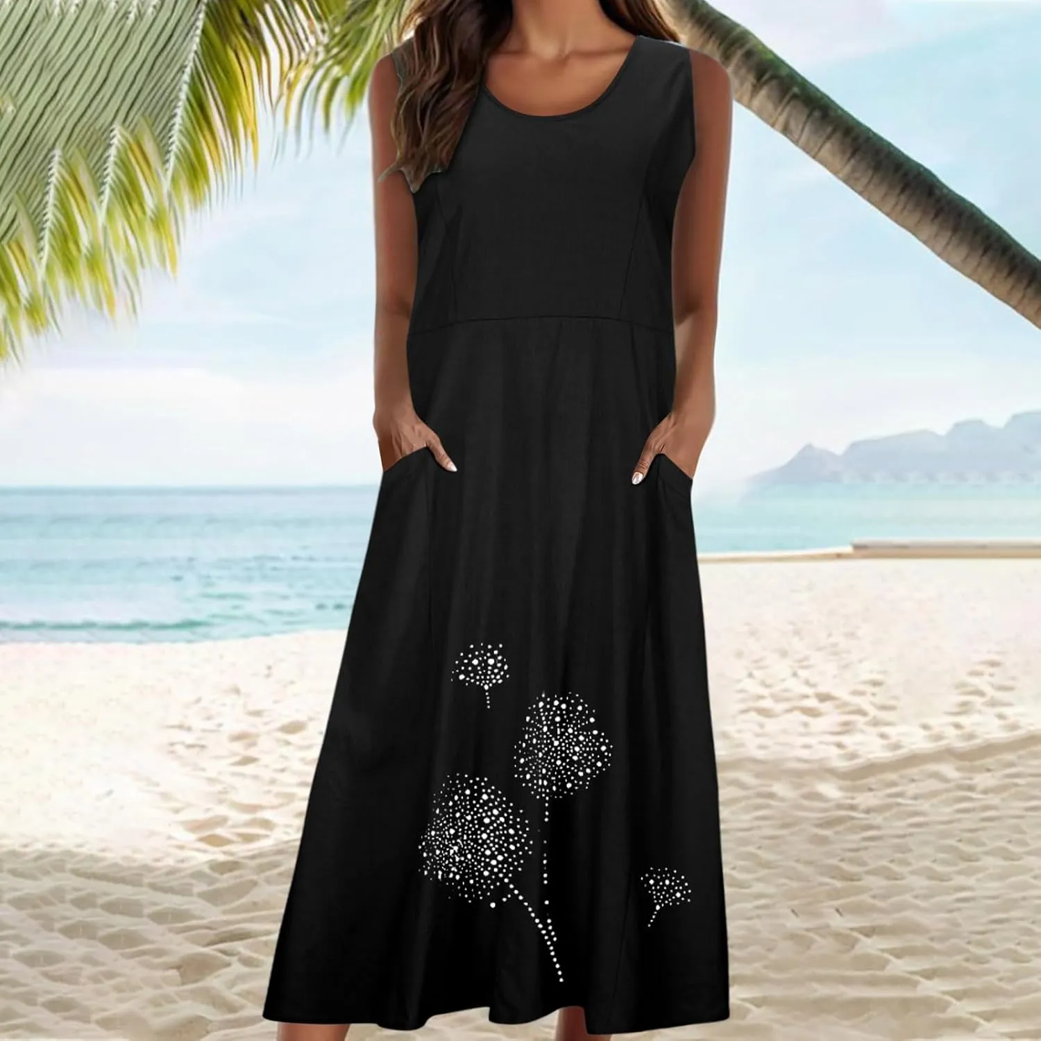 Womens Summer Cotton Linen Long Dress Loose Fit Sleeveless Flowy Dresses 2025 Plus Size Casual Dress with Pockets