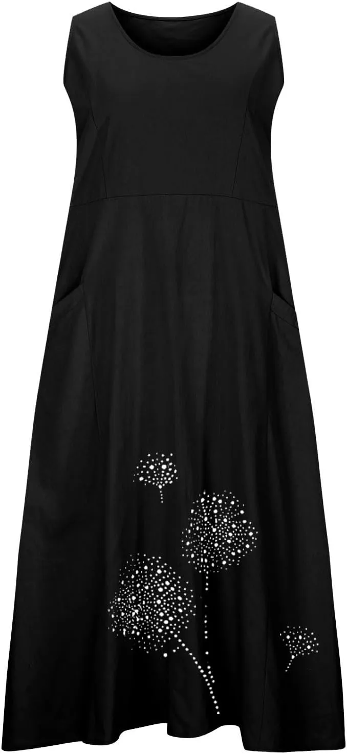 Womens Summer Cotton Linen Long Dress Loose Fit Sleeveless Flowy Dresses 2025 Plus Size Casual Dress with Pockets
