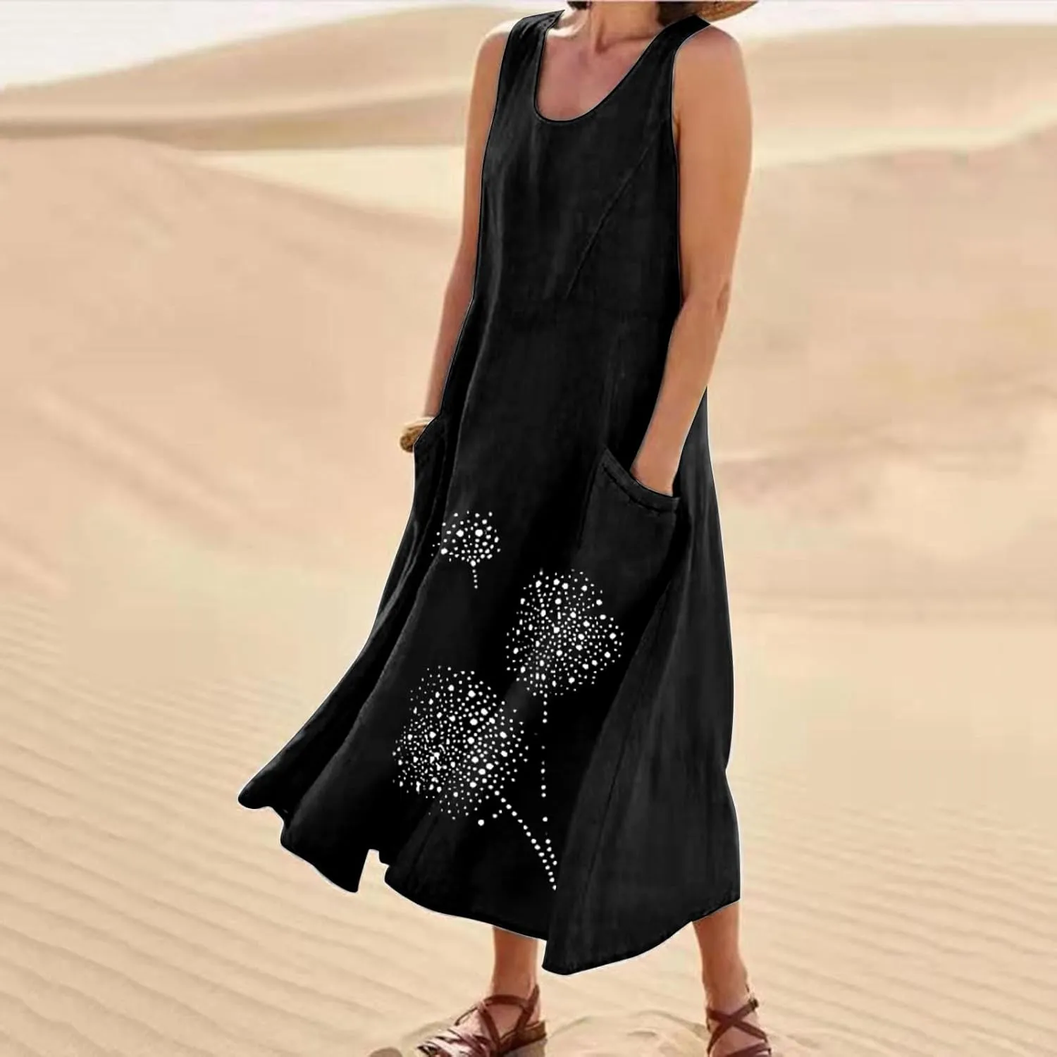 Womens Summer Cotton Linen Long Dress Loose Fit Sleeveless Flowy Dresses 2025 Plus Size Casual Dress with Pockets