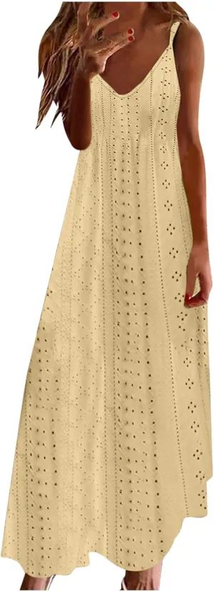 Womens Summer Dress Spaghetti Strap Long Maxi Dresses Flowy Boho Eyelet Sundresses Vacation Outfits