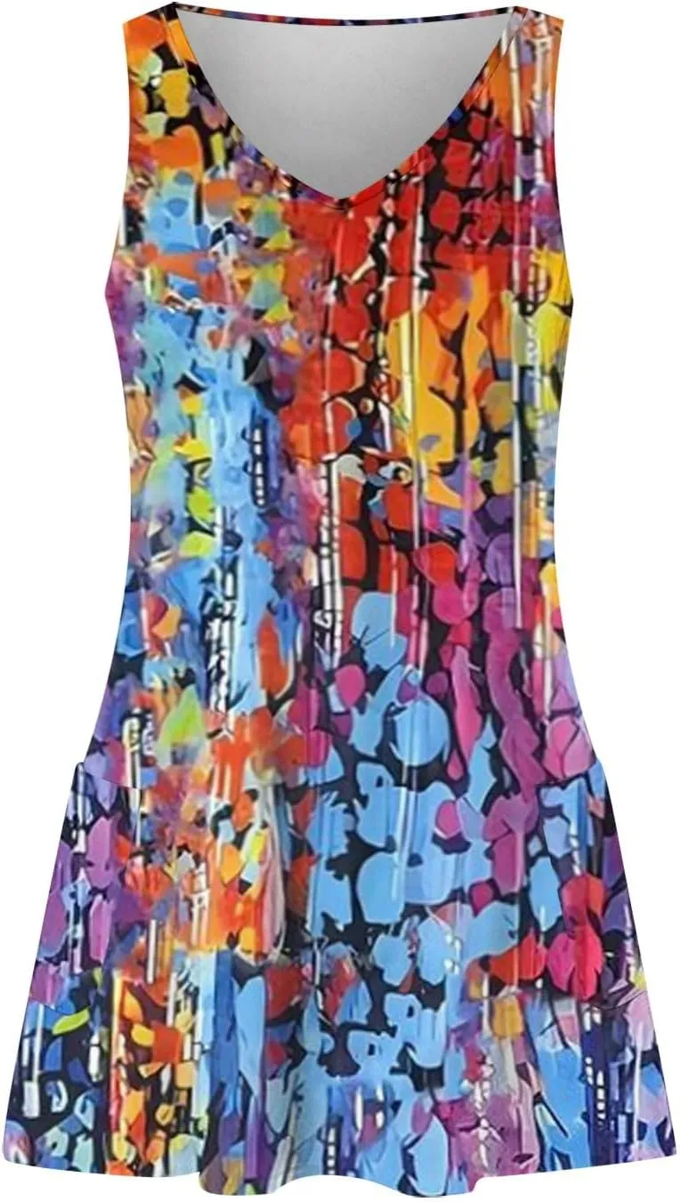 Womens Summer Dresses 2024 Loose V Neck Floral Print Boho Tank Dress with Pocket