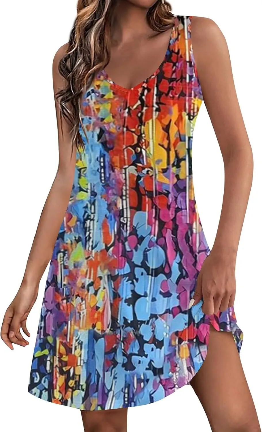 Womens Summer Dresses 2024 Loose V Neck Floral Print Boho Tank Dress with Pocket