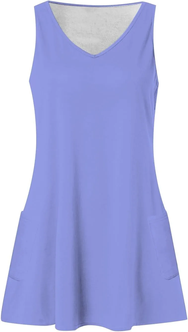 Womens Summer Dresses 2024 T-Shirts Dress Loose V Neck Sleeveless Tank Dresses Sundresses Floral/Plain