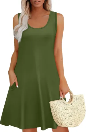 Womens Summer Dresses 2025 Boho Casual Loose U Neck Sleeveless Sundresses Beach Dress with Pockets