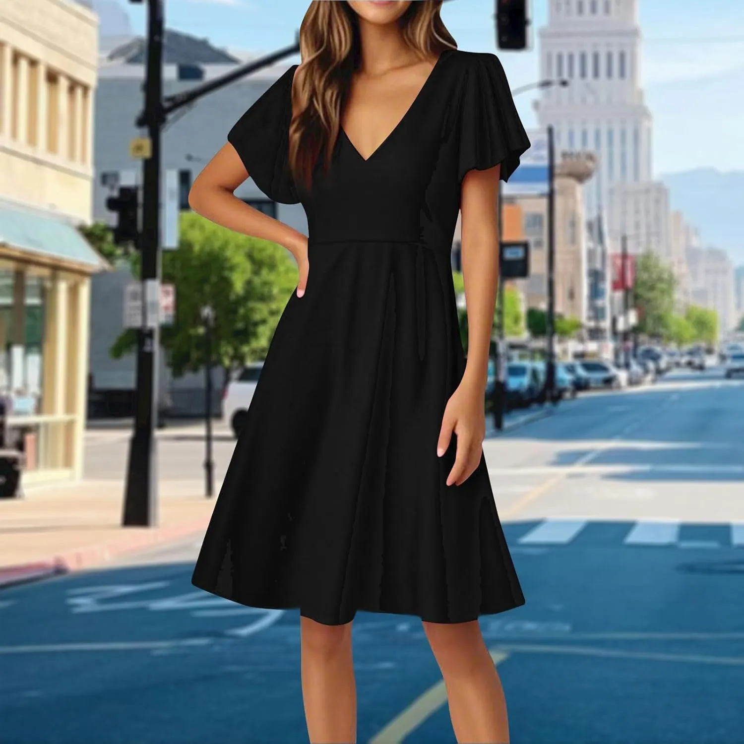 Women's Summer Dresses 2025 Casual V Neck Ruffle Sleeve Midi Casual Elegant Petite Dresses