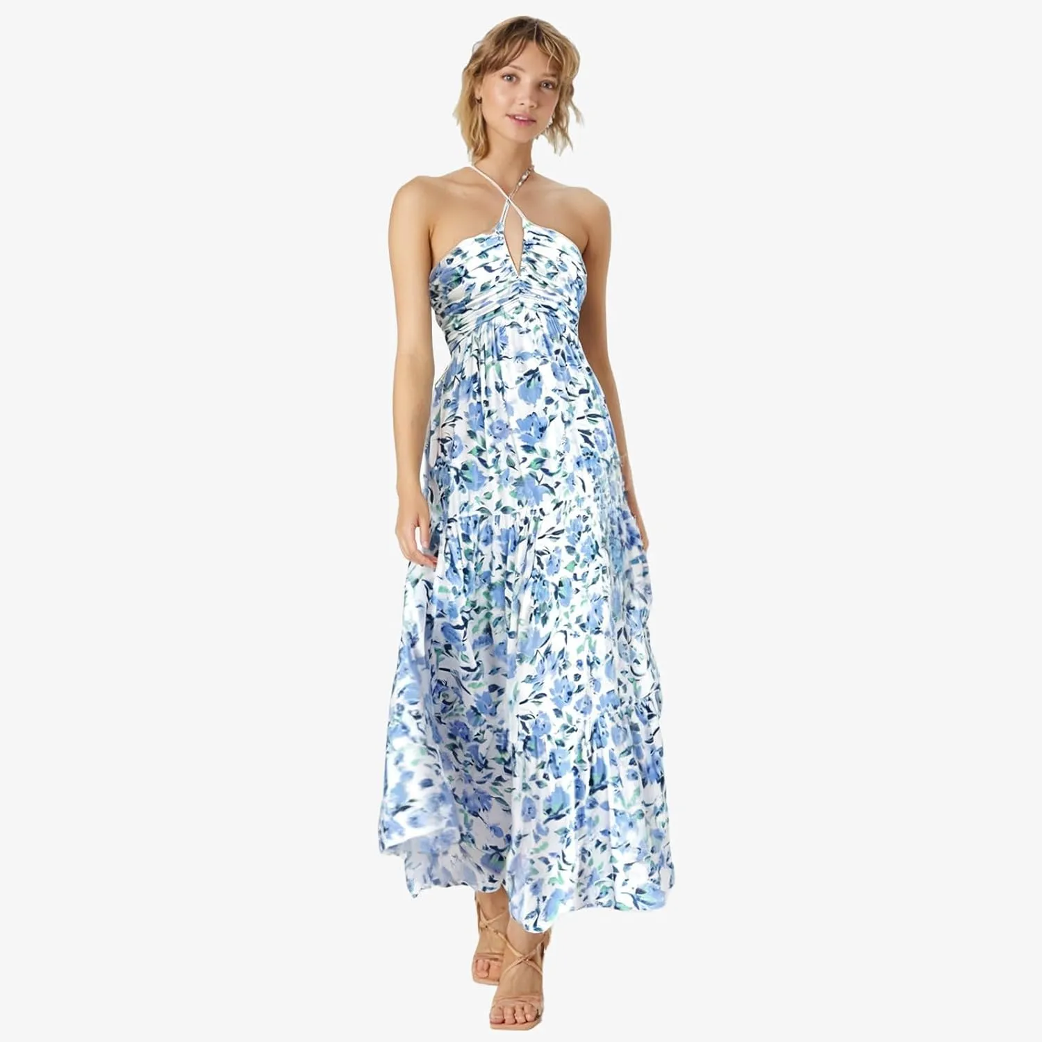 Women's Summer Dresses 2025 Halter Neck Sleeveless Smocked Backless Cut Out Floral Flowy A Line Maxi Dress