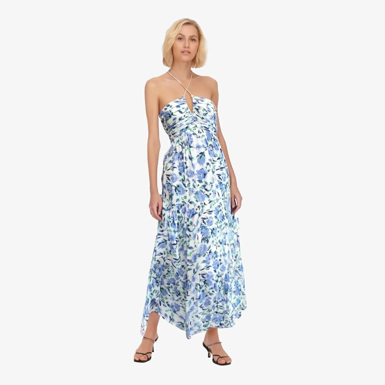 Women's Summer Dresses 2025 Halter Neck Sleeveless Smocked Backless Cut Out Floral Flowy A Line Maxi Dress
