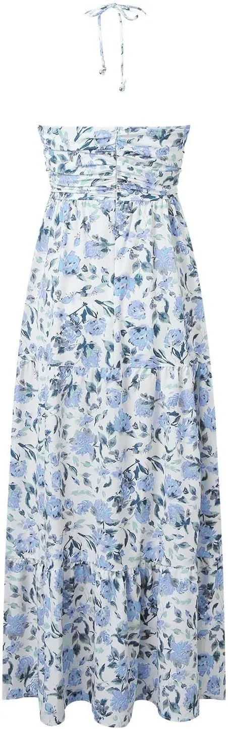 Women's Summer Dresses 2025 Halter Neck Sleeveless Smocked Backless Cut Out Floral Flowy A Line Maxi Dress