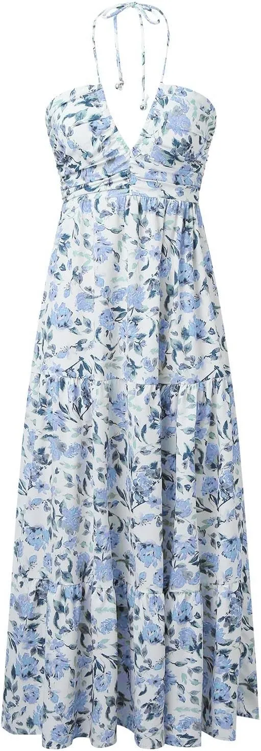 Women's Summer Dresses 2025 Halter Neck Sleeveless Smocked Backless Cut Out Floral Flowy A Line Maxi Dress
