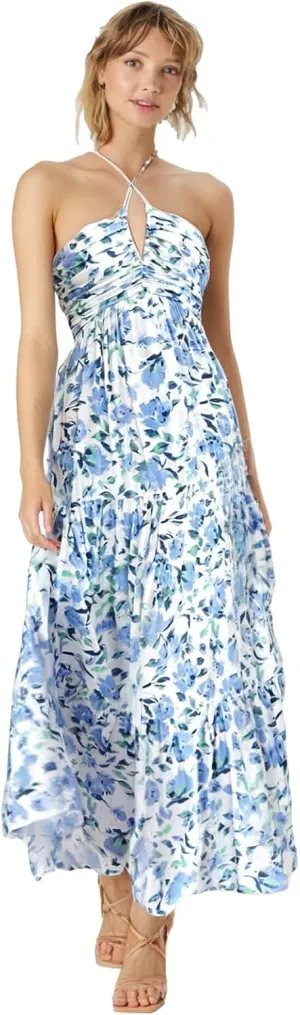 Women's Summer Dresses 2025 Halter Neck Sleeveless Smocked Backless Cut Out Floral Flowy A Line Maxi Dress