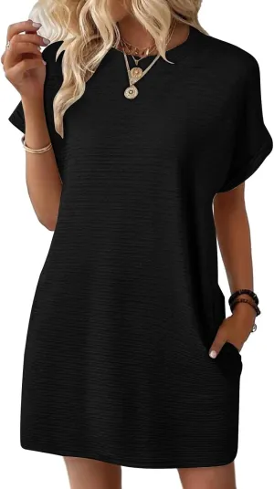 Womens Summer Dresses Fashion 2025 Short Sleeve Crewneck Mini Shirt Dress Casual Beach Vacation Sundress with Pocket