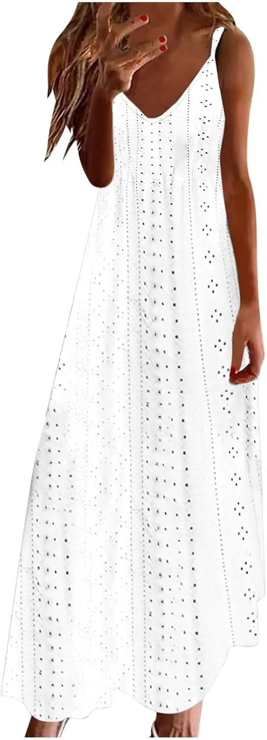 Womens Summer Dresses Spaghetti Strap V-neck Sexy Boho Sundress Hollow Out Trendy Beach Vacation Flowy Maxi Dresses