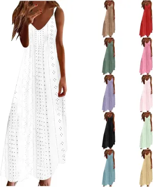 Womens Summer Dresses Spaghetti Strap V-neck Sexy Boho Sundress Hollow Out Trendy Beach Vacation Flowy Maxi Dresses