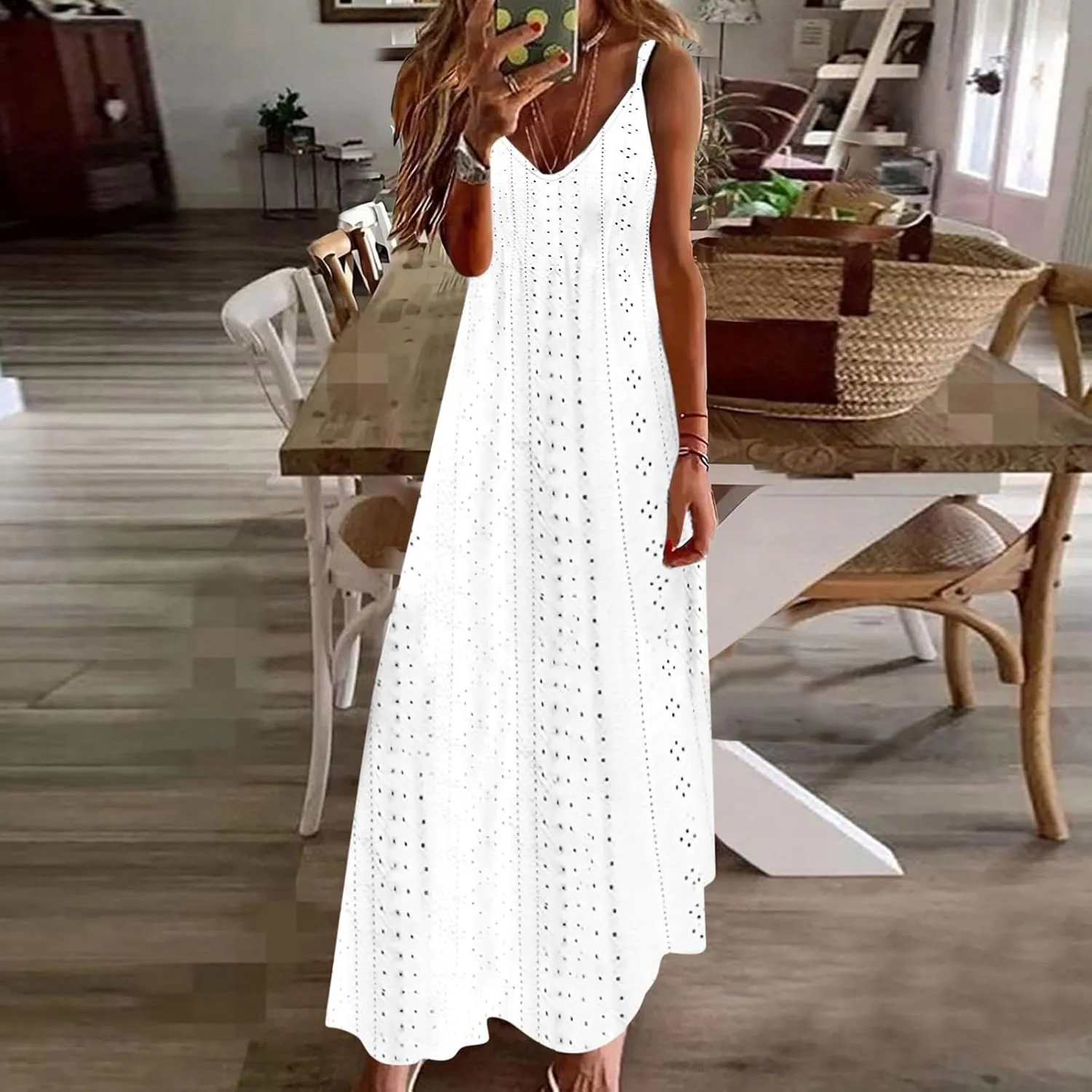 Womens Summer Dresses Spaghetti Strap V-neck Sexy Boho Sundress Hollow Out Trendy Beach Vacation Flowy Maxi Dresses
