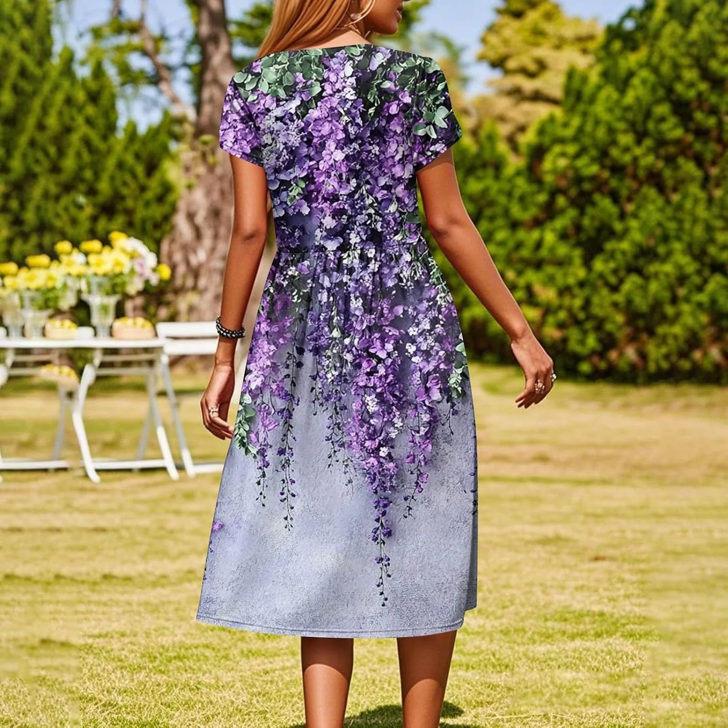 Womens Summer Fashion Dresses Round Neck Flutter Short Sleeve Midi Dress Boho Floral Printed Party Dresses