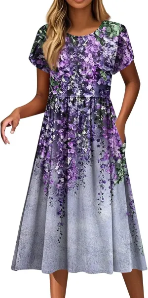 Womens Summer Fashion Dresses Round Neck Flutter Short Sleeve Midi Dress Boho Floral Printed Party Dresses