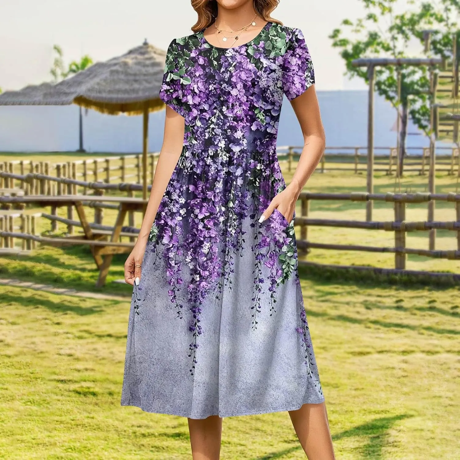 Womens Summer Fashion Dresses Round Neck Flutter Short Sleeve Midi Dress Boho Floral Printed Party Dresses