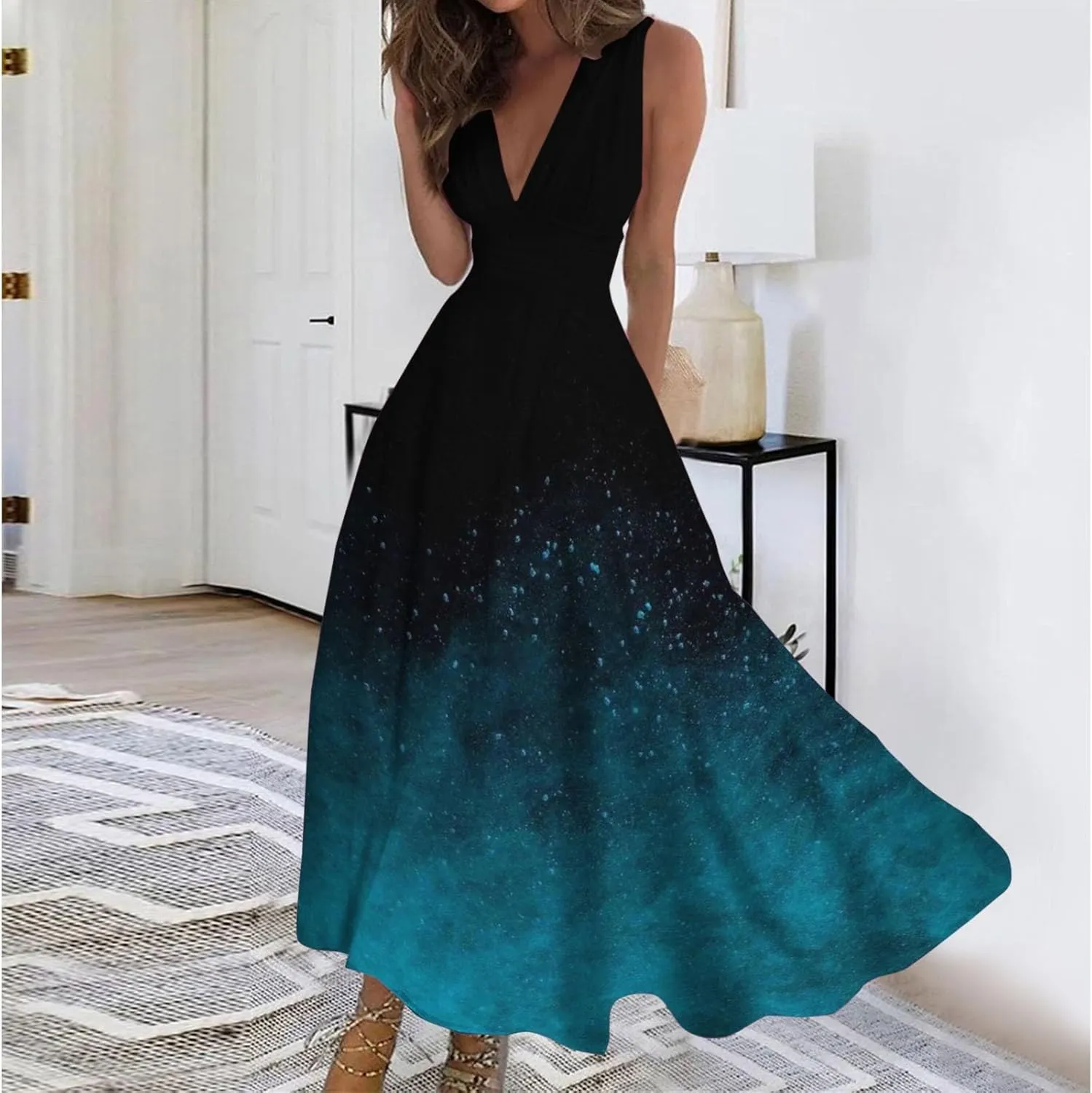 WomenS Summer Loose Boho Flowy Wrap V Neck Sleeveless Floral Print Slit Beach Wedding Guest Long Maxi Dresses