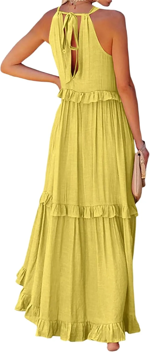 Women's Summer Maxi Dress Casual Boho Sleeveless Spaghetti Strap Smocked Tiered Long Beach Sexly Loose Sun Dresses