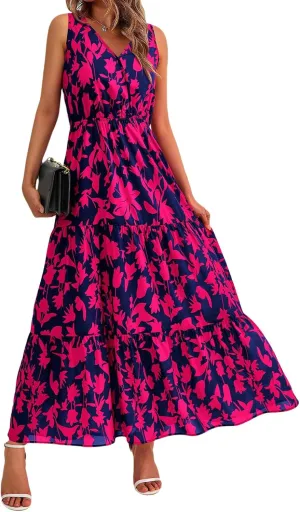 Womens Summer Maxi Dress Casual Flowy Sleeveless Sundress Boho Floral V Neck Long Dresses Beach Long Dress