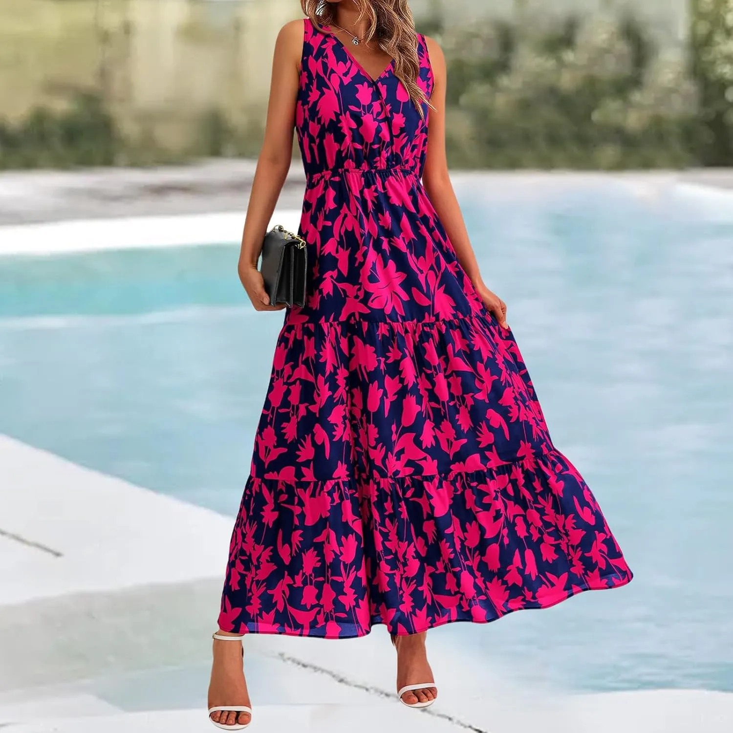 Womens Summer Maxi Dress Casual Flowy Sleeveless Sundress Boho Floral V Neck Long Dresses Beach Long Dress