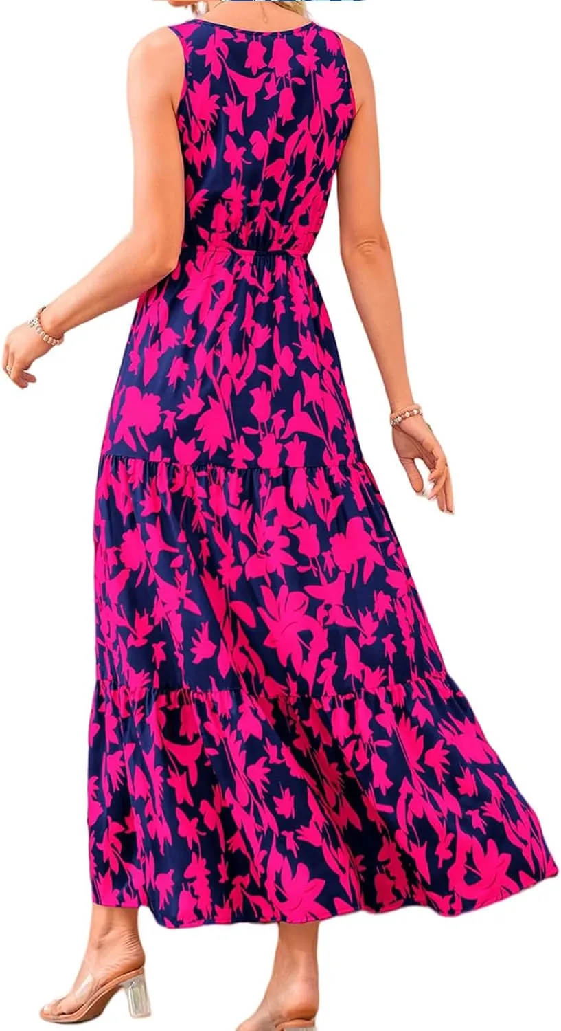 Womens Summer Maxi Dress Casual Flowy Sleeveless Sundress Boho Floral V Neck Long Dresses Beach Long Dress