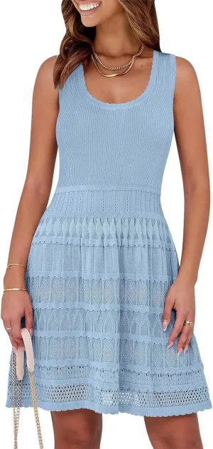 Womens Summer Mini Dress Sleeveless Scoop Neck Knit Tank Dresses Casual Knitted Crochet A Line Flowy Beach Sundress