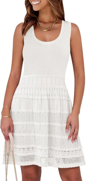 Womens Summer Mini Dress Sleeveless Scoop Neck Knit Tank Dresses Casual Knitted Crochet A Line Flowy Beach Sundress
