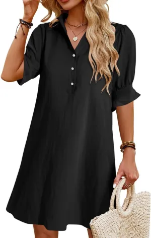 Womens Summer Shirt Dress 2025 Casual Ruffle Short Sleeve Button Down Flowy Swing Shift Mini Dresses with Pockets