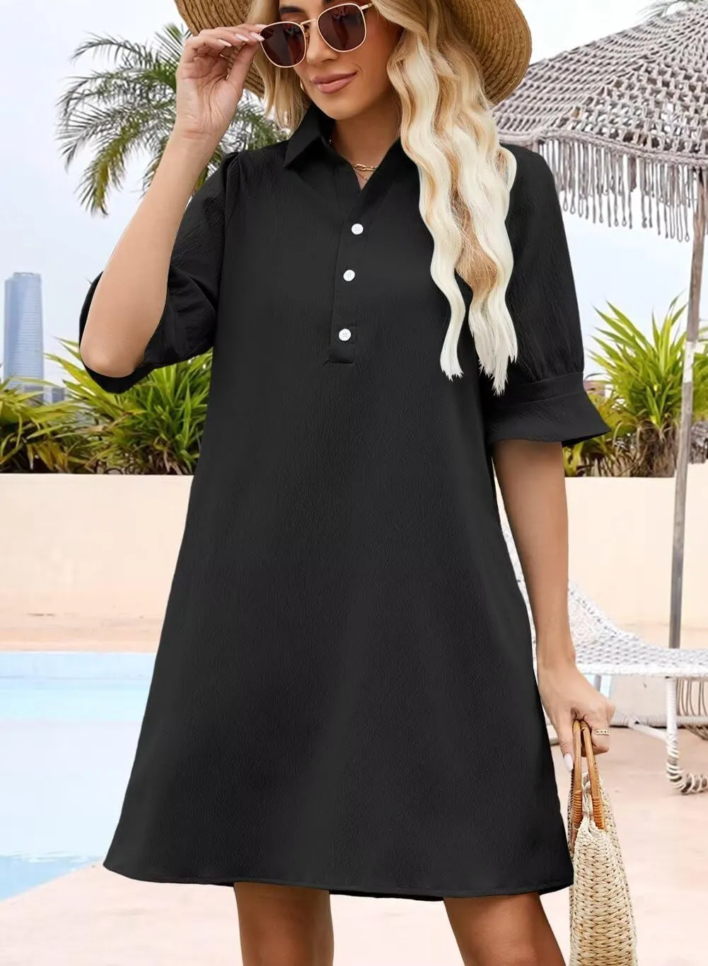 Womens Summer Shirt Dress 2025 Casual Ruffle Short Sleeve Button Down Flowy Swing Shift Mini Dresses with Pockets
