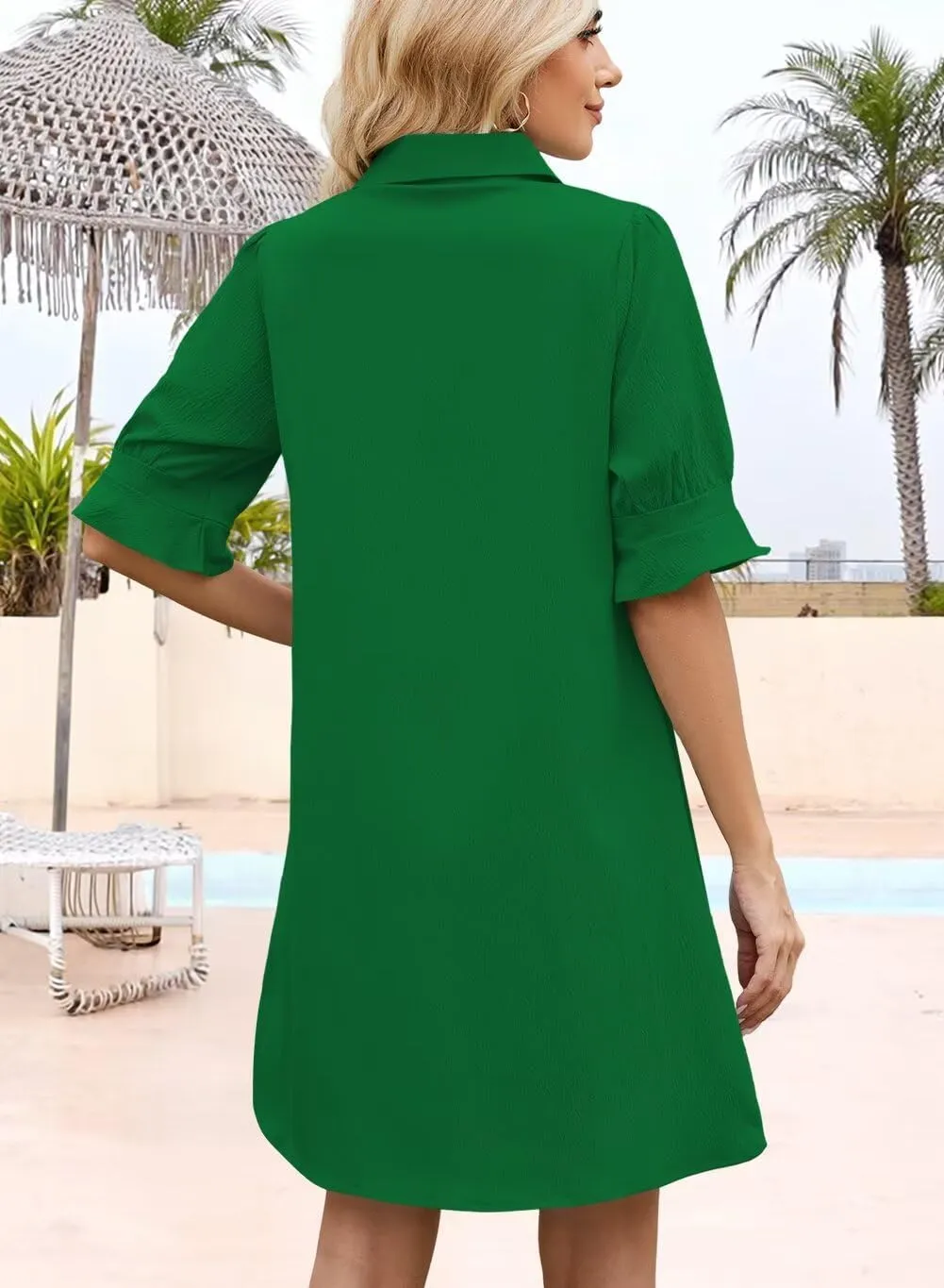 Womens Summer Shirt Dress 2025 Casual Ruffle Short Sleeve Button Down Flowy Swing Shift Mini Dresses with Pockets