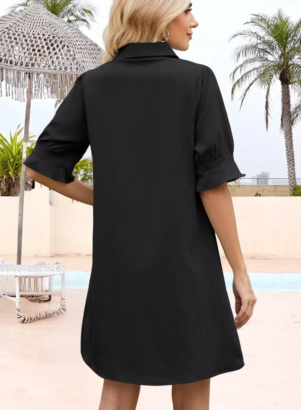 Womens Summer Shirt Dress 2025 Casual Ruffle Short Sleeve Button Down Flowy Swing Shift Mini Dresses with Pockets