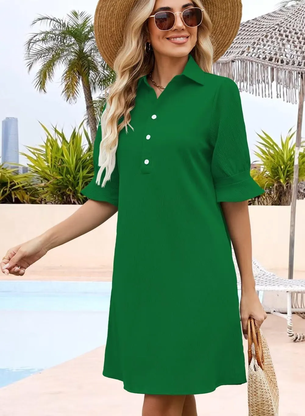 Womens Summer Shirt Dress 2025 Casual Ruffle Short Sleeve Button Down Flowy Swing Shift Mini Dresses with Pockets