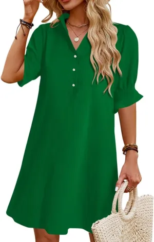 Womens Summer Shirt Dress 2025 Casual Ruffle Short Sleeve Button Down Flowy Swing Shift Mini Dresses with Pockets