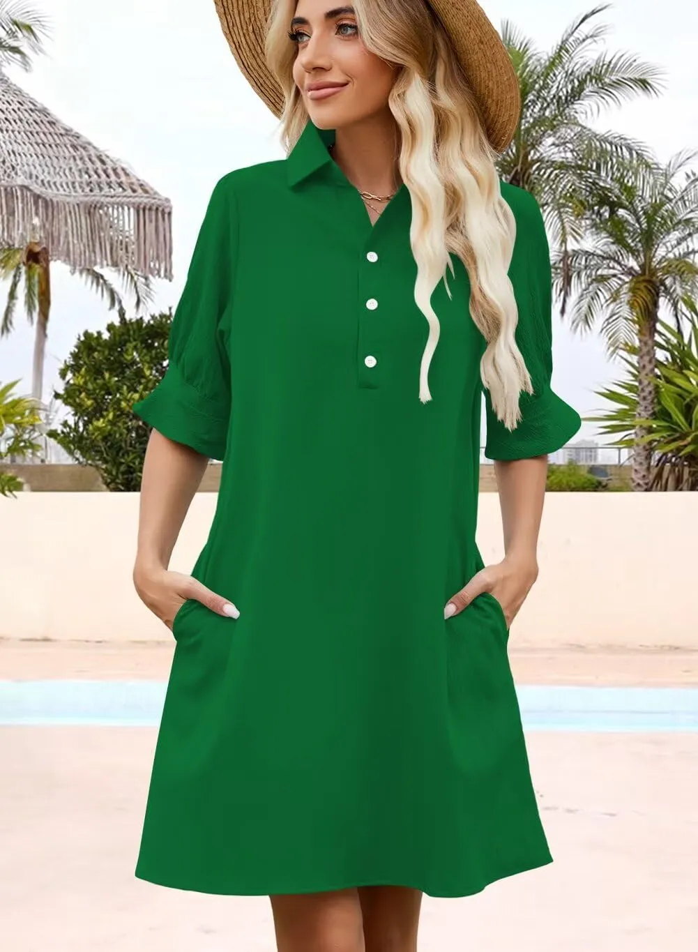 Womens Summer Shirt Dress 2025 Casual Ruffle Short Sleeve Button Down Flowy Swing Shift Mini Dresses with Pockets