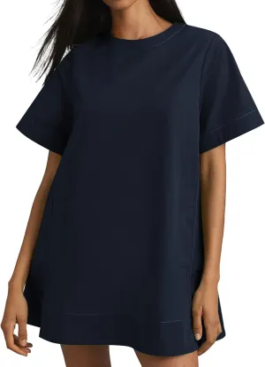 Women's Summer Short Sleeve Mini Dress Loose Fit Button Back Mini Dresses Slit Tunic Shirt Short Dress with Pockets