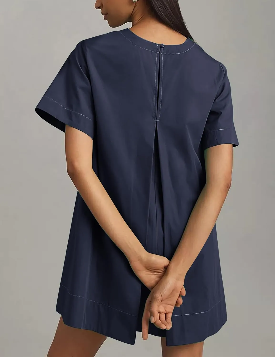 Women's Summer Short Sleeve Mini Dress Loose Fit Button Back Mini Dresses Slit Tunic Shirt Short Dress with Pockets
