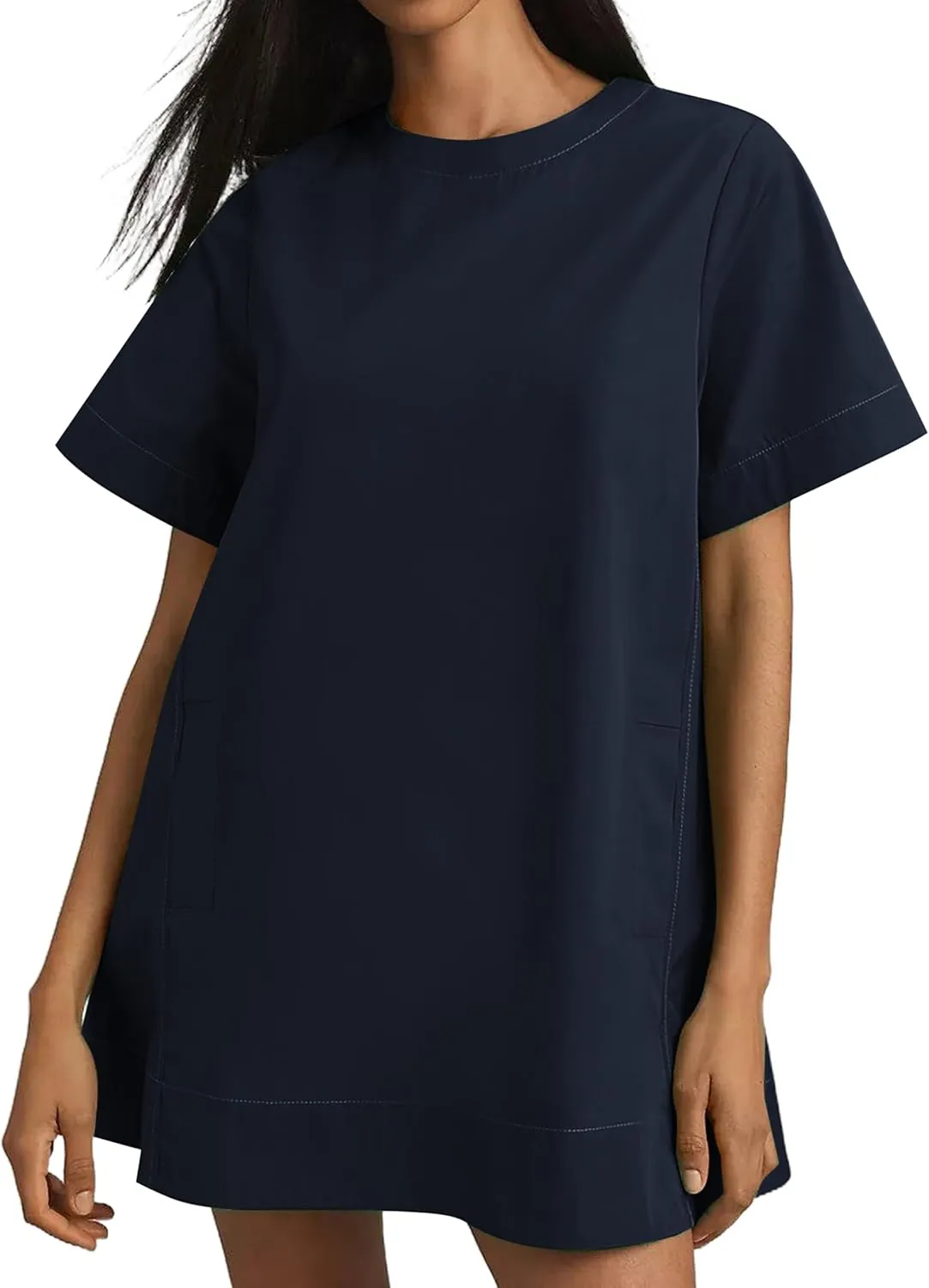 Women's Summer Short Sleeve Mini Dress Loose Fit Button Back Mini Dresses Slit Tunic Shirt Short Dress with Pockets