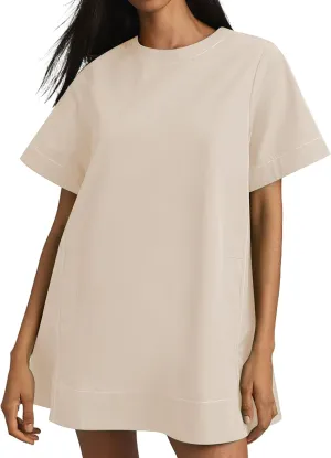 Women's Summer Short Sleeve Mini Dress Loose Fit Button Back Mini Dresses Slit Tunic Shirt Short Dress with Pockets