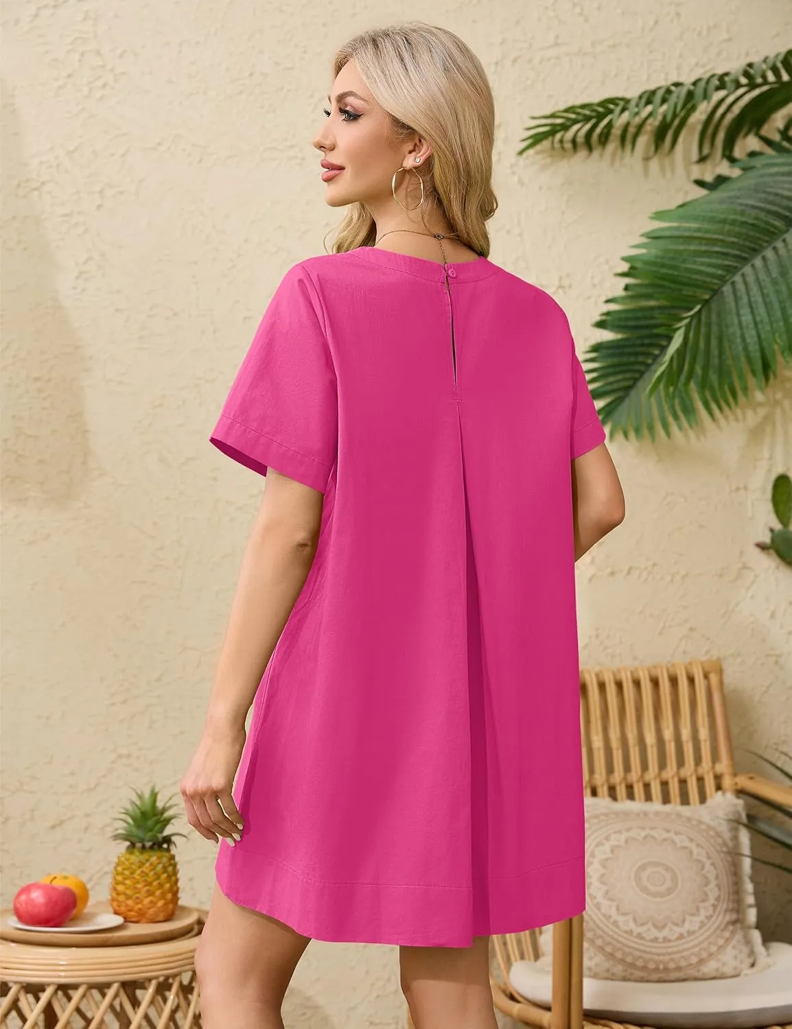 Women's Summer Short Sleeve Mini Dress Loose Fit Button Back Mini Dresses Slit Tunic Shirt Short Dress with Pockets