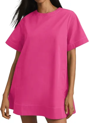Women's Summer Short Sleeve Mini Dress Loose Fit Button Back Mini Dresses Slit Tunic Shirt Short Dress with Pockets