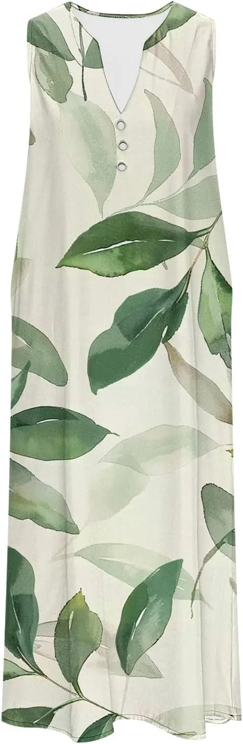 Womens Sundresses for Cruise Vacation Plus Flowy Party Beach Long Dress Sleeveless V Neck Maxi Dress with Pockets
