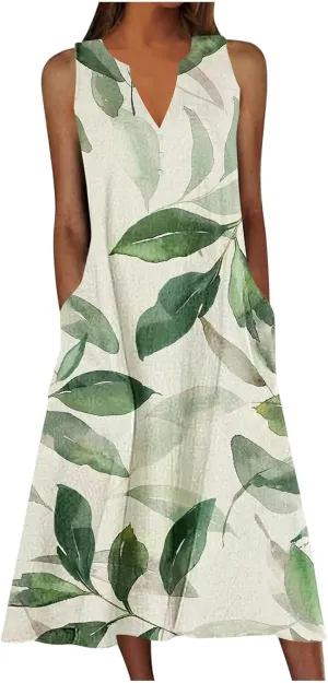 Womens Sundresses for Cruise Vacation Plus Flowy Party Beach Long Dress Sleeveless V Neck Maxi Dress with Pockets