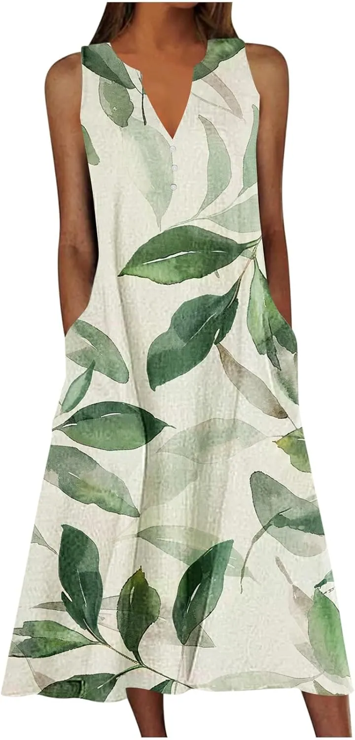 Womens Sundresses for Cruise Vacation Plus Flowy Party Beach Long Dress Sleeveless V Neck Maxi Dress with Pockets
