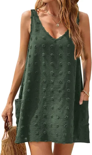 Women's Swiss Dot Short Dress Swimsuit Beach Cover Up Bikini Beachwear Bathing Suit Summer Beach Sun Dress with Pockets