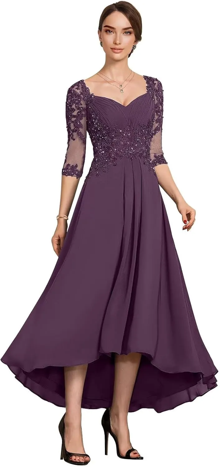 Women's Tea Length Mother of The Bride Dresses for Wedding 3/4 Sleeves Lace Formal Evening Prom Gowns