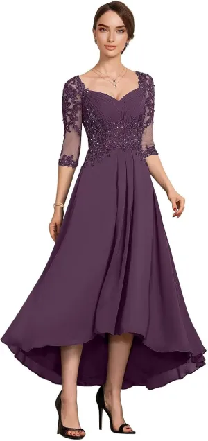 Women's Tea Length Mother of The Bride Dresses for Wedding 3/4 Sleeves Lace Formal Evening Prom Gowns