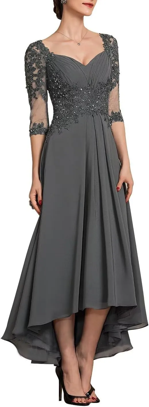 Women's Tea Length Mother of The Bride Dresses for Wedding 3/4 Sleeves Lace Formal Evening Prom Gowns